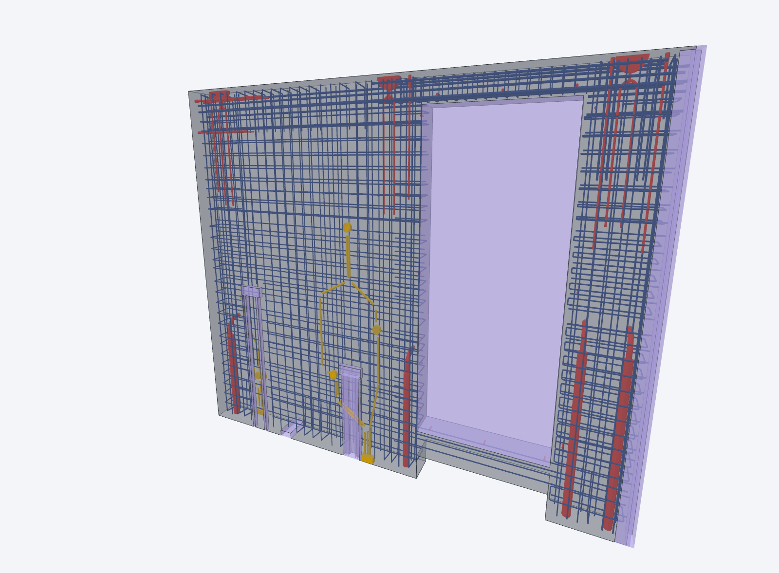 Precast wall element in the IFC viewer: translucent concrete with a window opening, rebar, conduits and colour-coded inserts