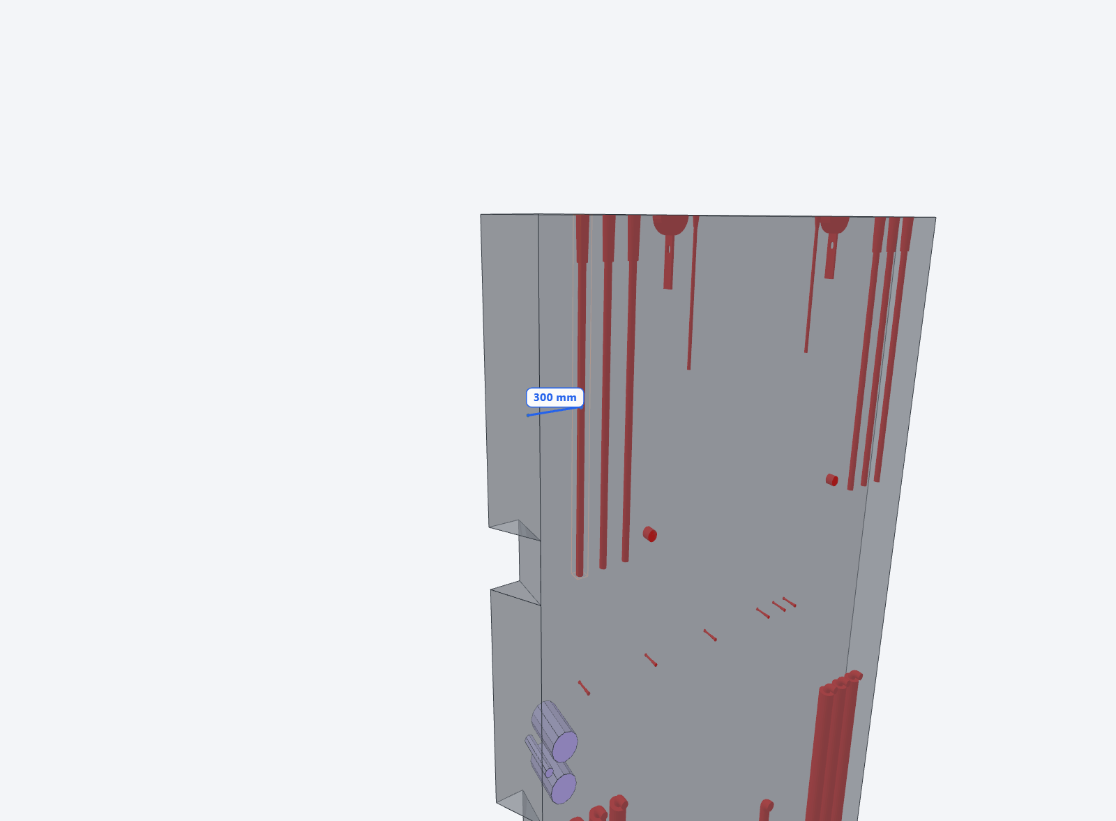 Perpendicular measurement from a concrete end face to a rebar anchor with a millimetre label